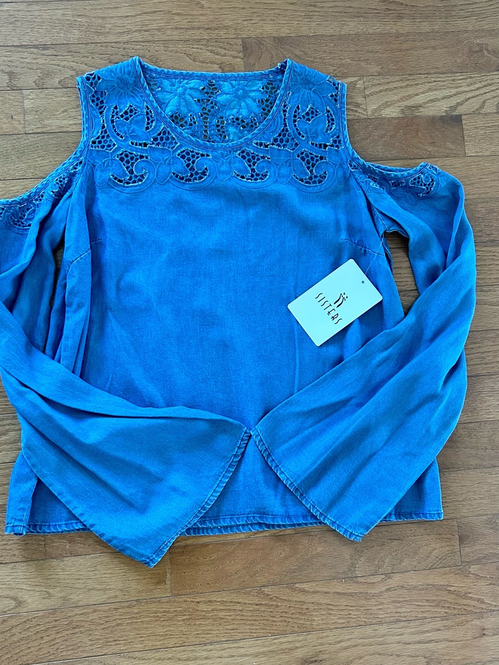 Blue Cold-Shoulder Crochet Yoke Blouse by Vistera